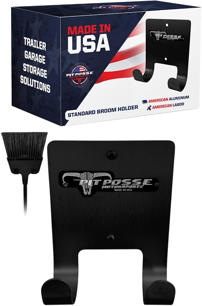 Pit Posse PP3187BK Aluminum Broom Holder Hanger for Trailer Garage Shop Storage - Made in USA - Whisk/Angle Brooms Wall Mount Utility Rack Caddy Cabinet Organizer for Enclosed Race Trailers (Black)