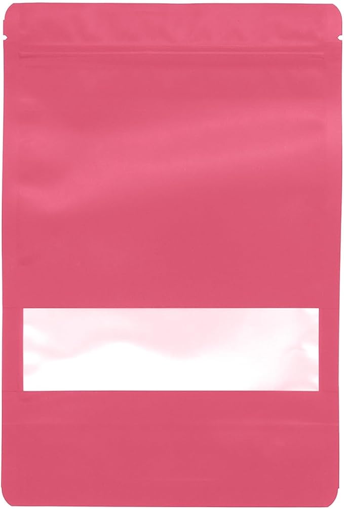 100PCS Foil Pouch Mylar Bags with Clear Window,ULIFESTAR Stand Up Sealable Bags with Tear Notches,Resealable for Food,Party Favors,Gift Packaging and Small Business(16 * 24cm/6.3 * 9.45",Pink)