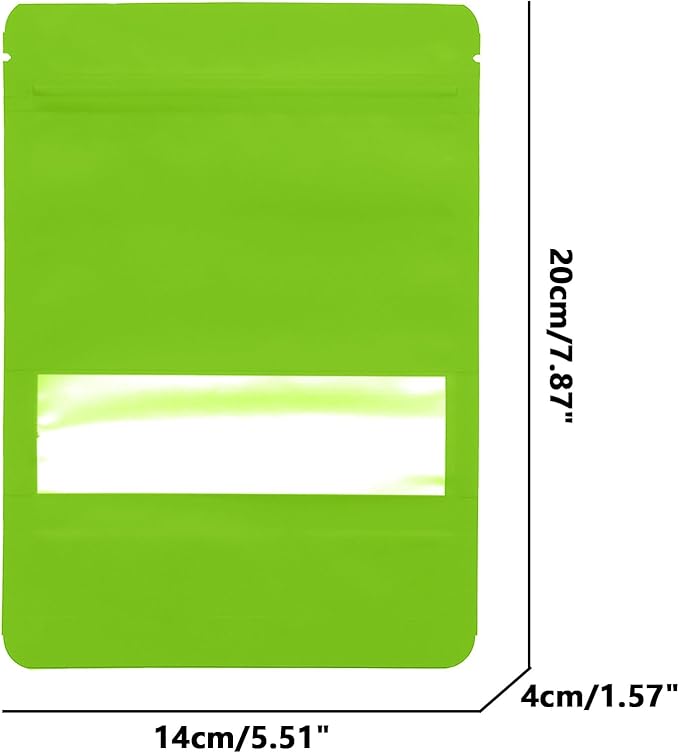 100PCS Foil Pouch Mylar Bags with Clear Window,ULIFESTAR Stand Up Sealable Bags with Tear Notches,Resealable for Food,Party Favors,Gift Packaging and Small Business(14 * 20cm/5.51 * 7.87",Green)