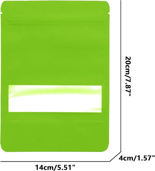 100PCS Foil Pouch Mylar Bags with Clear Window,ULIFESTAR Stand Up Sealable Bags with Tear Notches,Resealable for Food,Party Favors,Gift Packaging and Small Business(14 * 20cm/5.51 * 7.87",Green)