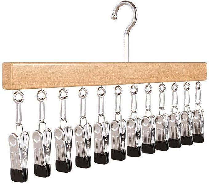 Wooden Closet Organizer Hanger with 12 Clips, Space Saving Hanging Organizer for Hats Scarves Jeans Skirts Socks Pants, 15 Inch, 360° Swivel Hook (1Pcs, Wood Colour)
