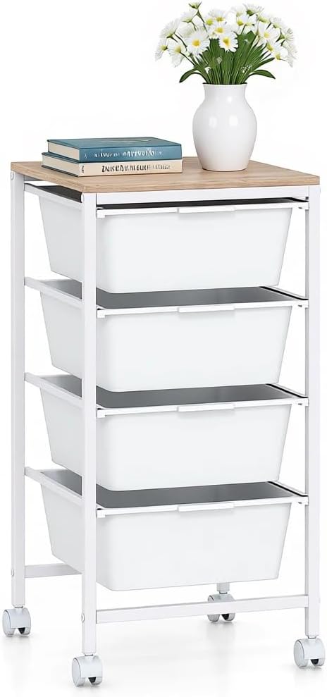 LDAILY Rolling Cart with Drawers, 4 Drawer Rolling Storage Cart with Wooden Tabletop, Metal Frame & Lockable Wheels, Craft Organizers and Storage for Home Office Classroom (White, 4 Drawer)