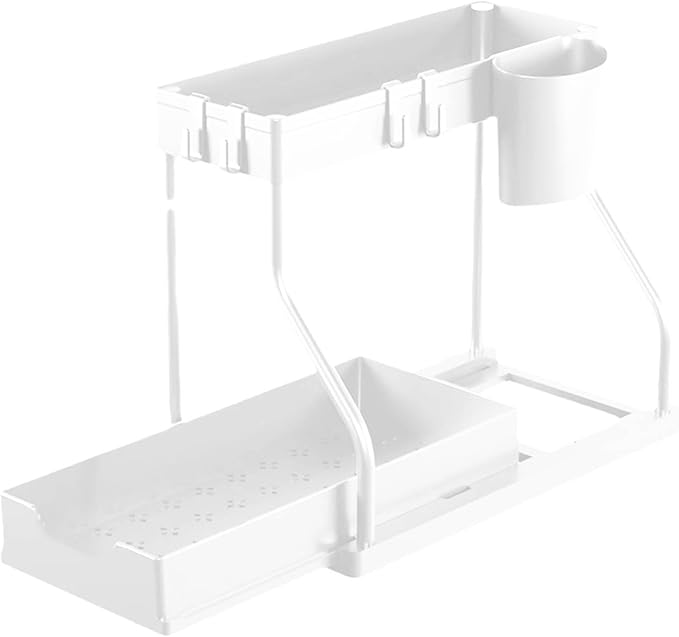 Under Sink Organizers and Storage, 2-Tier Sliding Cabinet Basket Organizer with Hooks, Multi-Purpose Under Sink Organizers and Storage for Bathroom Kitchen (White, 1 PC)