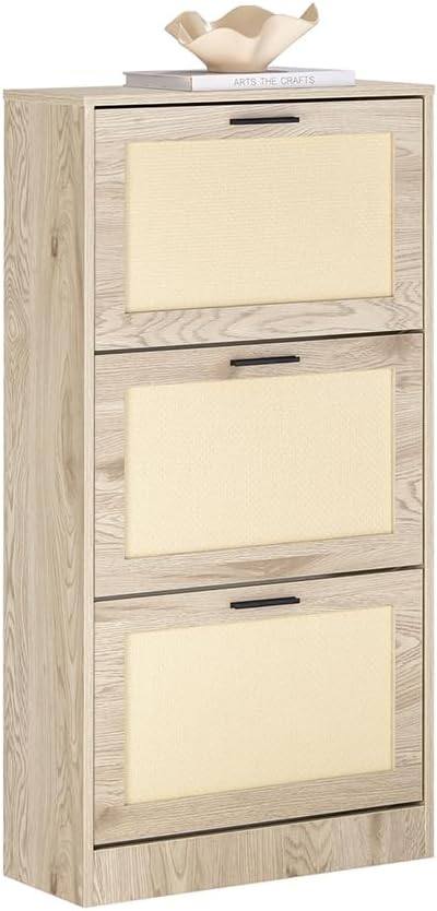 SoBuy Shoe Cabinet for Entryway | Freestanding Shoe Rack, Shoe Organizer 3 Drawers, Narrow Slim Hidden, Natural Wood Color, FSR170-H-N