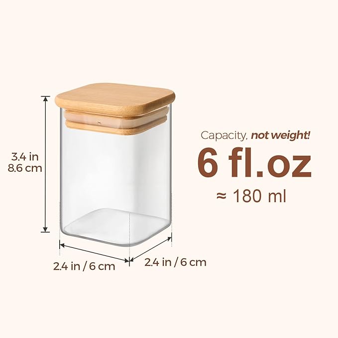 ComSaf Glass Spice Jars with Labels 6 oz 16 Pack Small Square Bamboo Lids | Empty Containers, Seasoning Herbs Powders, Salt Pepper Chili, Spice Rack Organization, Kitchen Cabinet Storage, Dry Goods