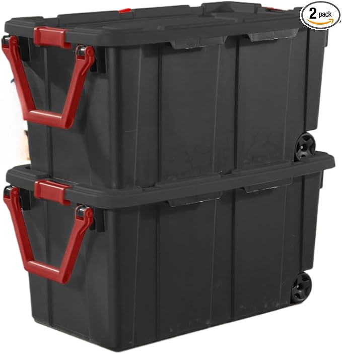 Modern Plastic & Metal 40 Gallon Lidded Home Storage Bins, Stackable Industrial Storage Containers Tote, Organizing Tote Tub Box with Wheeled, Moving Boxes, Set of 4, Black | Stackable, Industrial Storage Containers Tote, Organizing Tote Tub Box, Wheel...