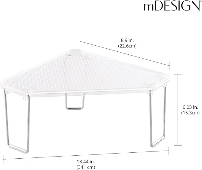 mDesign Plastic/Steel Freestanding Foldable Corner Stackable Organizer Shelf for Kitchen, Counter, Pantry, Cabinet Storage, Holds Plates, Dishes, Ligne Collection, Clear