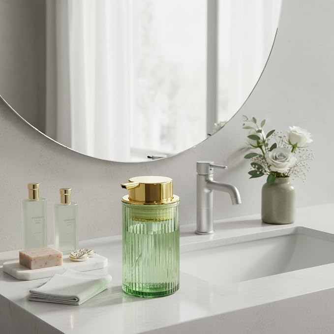 Foaming Soap Dispenser, Bathroom Green Glass Foam Soap Dispenser, Refillable 12 Oz Foam Pump Bottle Container with Gold Pump, Decorative Slim Ribbed Dish Soap Dispenser for Kitchen