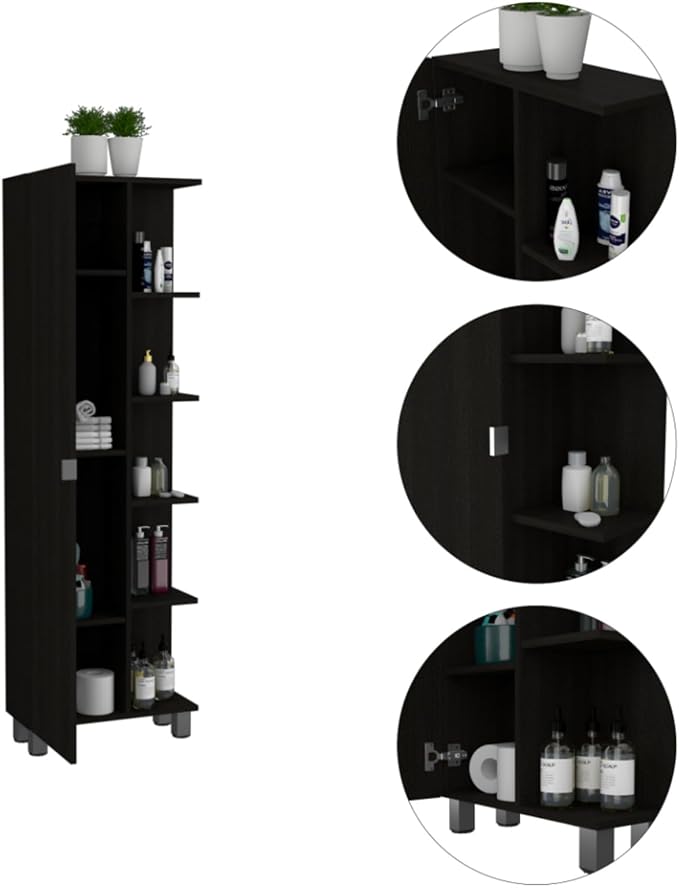 Hassyee Modern Design Linen Cabinet with Four Exterior Open Shelves for Generous Storage, Floor Display Cabinet with Three Interior Adjustable Shelves