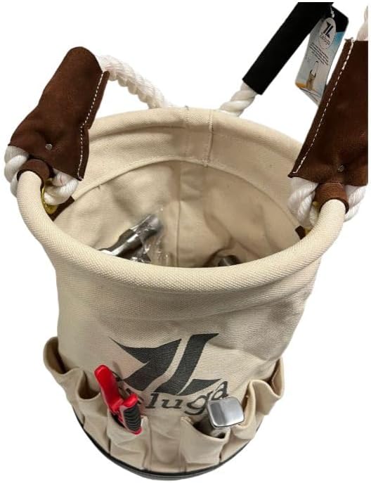 Zeluga 20-385 28 oz. Utility Canvas Bucket with Heavy Duty Plastic Bottom, Collapsible Canvas Bucket, 12 Outside Pockets Organizers Bolt Bucket, White