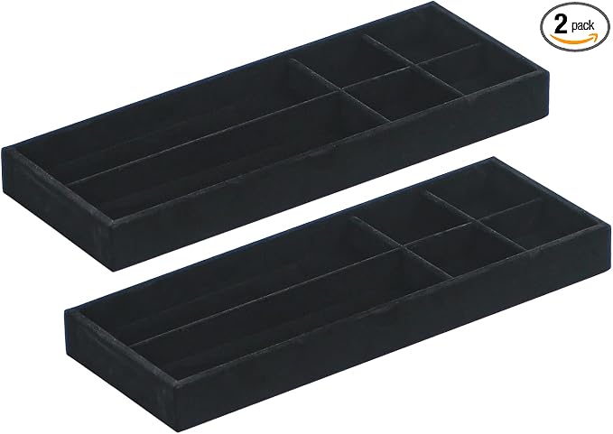 2Pcs Desk Drawer Storage Tray, Nightstand Organizer Tray, Necklace Bracelet Ring Earring Jewelry Display Tray, Grid Table Organizer Holder Tray for Sunglass, Phone, Watch, Perfume (6 grid)/Black