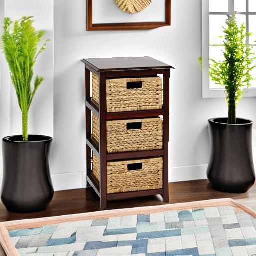 OSP Home Furnishings Seabrook Storage Tower with Solid Wood Frame and Natural Baskets, 3-Drawer, Espresso Finish