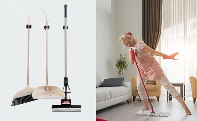 JAMEND CLXP 9PCS Broom and Mop Holder, Heavy Duty Garden Tool Organizer Rack Rake and Shovel Handle, Stainless Steel Mop Hanger. Screws for Wall Mounted. Matte Black