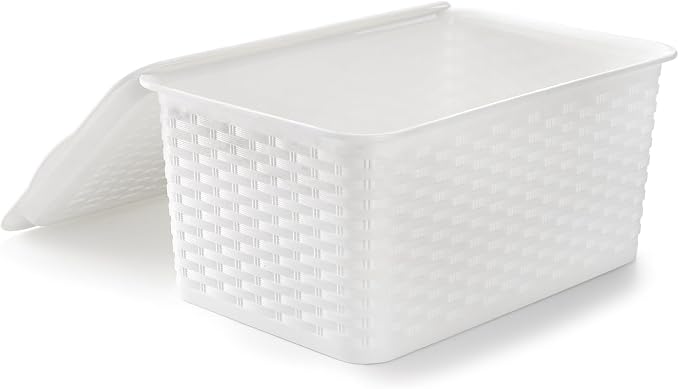 Dicunoy 4 Pack Lidded Storage Bins with Lids, White Stackable Storage Baskets for Shelf, Plastic Pantry Organizer with Handle for Home, RV, Lockers, Classrooms, School, Toys, 11" x 7" x 5"