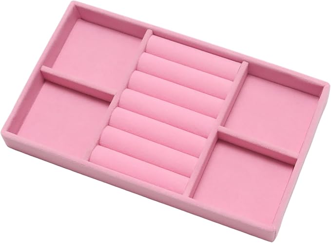 Velvet Jewelry Trays for Drawers, Pink Stackable Jewelry Drawer Organizer Inserts, Ring Earring Necklace Bracelet Holder Organizer Storage Display Tray with Removable Dividers, 2-in-1