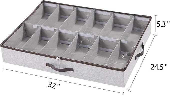 HOONEX Under Bed Shoe Storage Organizer with Adjustable Dividers, Shoe Holder with Leather Handles, 2 Pack, Store 24 Pairs, Grey