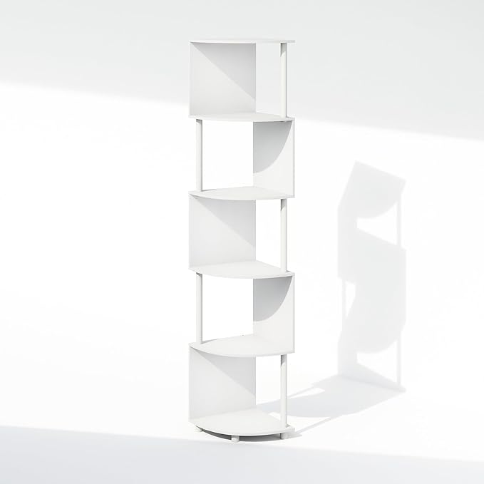 Furinno Basic Book Shelf, 5-Tier Bookshelf, Bookcase with Zigzag Corner Shelf, 14.2 x 14.2 x 71.2, for Living Room, Bedroom, Home Office, White/White
