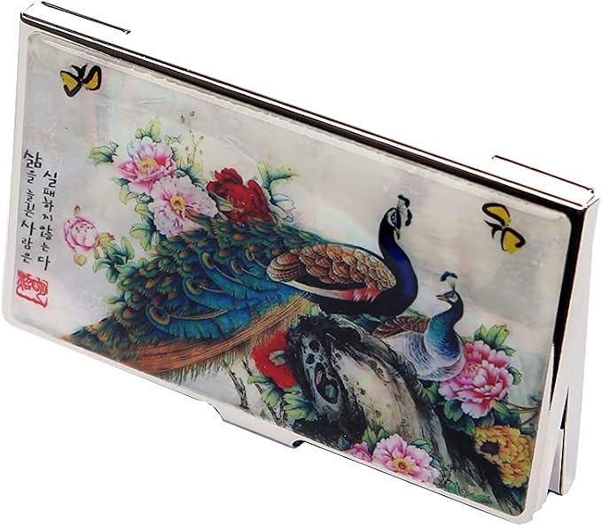 Mother of Pearl Business Card Case Credit Id Name Holder Travel Wallet Art Painting Design Metal Stainless Steel Engraved Slim Purse Pocket Cash Money Wallet (Peacock)