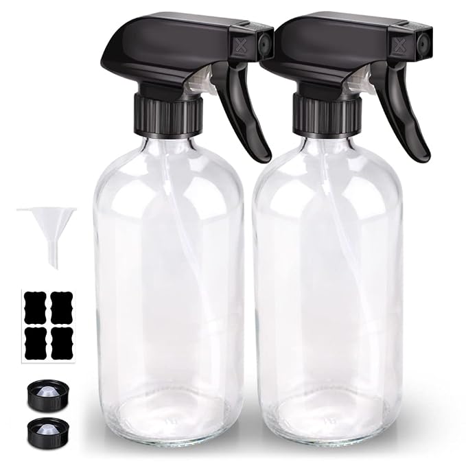 Bontip Glass Spray Bottle, Clear Glass Spray Bottle Set & Accessories Refillable for Plants Window Cleaners Aromatherapy Facial Hydration Watering Flowers Hair Care (2 Pack/16 oz) (Transparent)