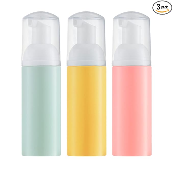 Tekson 3 PCS Soap Foam Bottle (2 oz), Empty Travel Foaming Lash Shampoo for Cleanser, Dispenser (Yellow&Green&Pink Pump)
