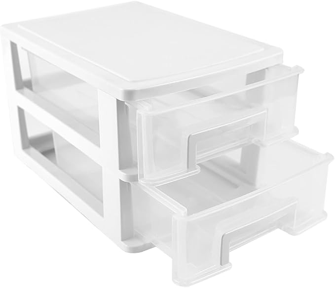 Plastic Desk Organizer,Desk Storage Box with 2 Drawers,Cosmetics Jewelry Storage Box Multifunction Storage Rack for Office School Home（White）