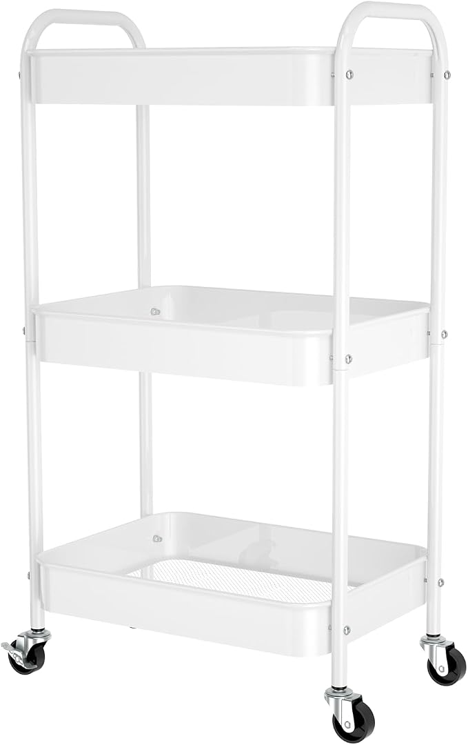3-Tier Rolling Cart, Metal Utility Storage Carts with Wheels,White | Multi-Functional Organizer Snack Cart Easy Assembly