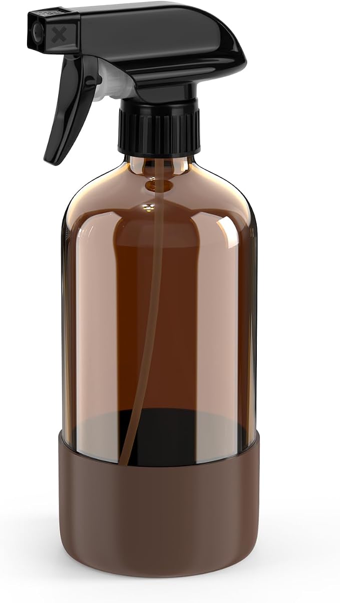 Bontip Amber Glass Spray Bottle with Silicone Sleeve Protection, 16 oz Refillable Spray Bottles for Cleaning Solutions, Plants, Aromatherapy, Facial Hydration (1, Brown, 16 oz)