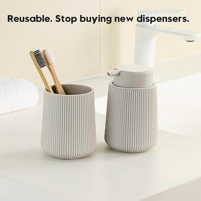 YAUKPH Striped Liquid Hand Soap Dispenser with Leak-Proof Pump for Bathroom and Kitchen Countertop 11oz Beige