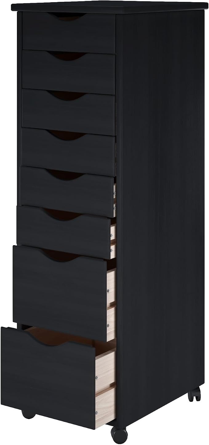 Jela-USA Solid Pine Wood 8 Drawer Rolling Cart, Black