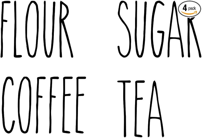 Set of 4 Farmhouse Style Canister Labels V6 Vinyl Stickers - Kitchen Flour Sugar Tea Coffee - Die Cut Decals - Skinny Font - Black