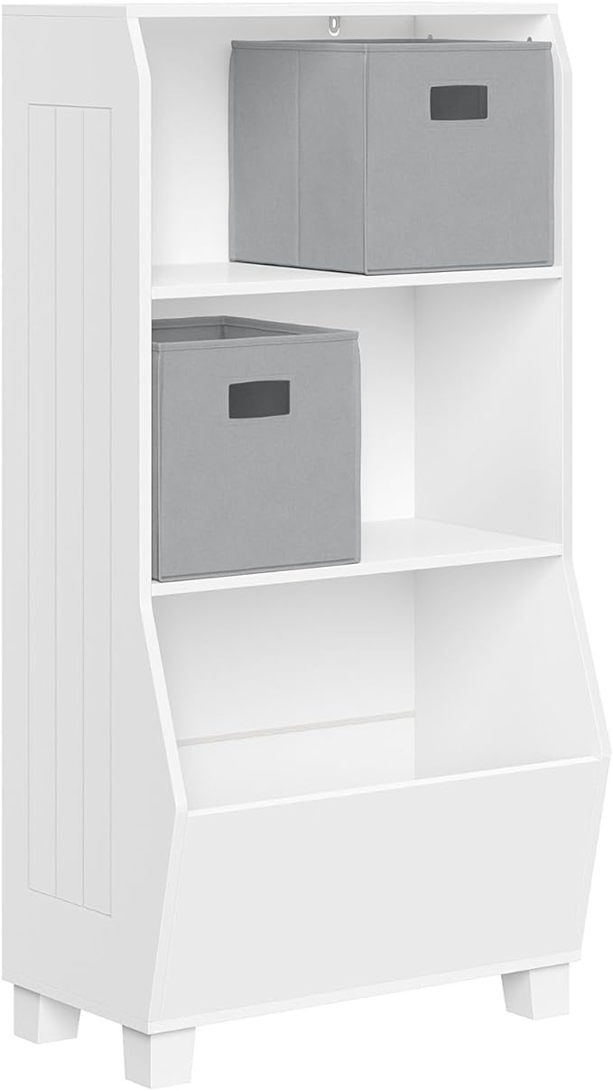 RiverRidge Kids Bookshelf with Veggie Storage and 2 Open Shelves and 2 Gray Fabric Bins - Kids Storage Organizer, Toy Shelf & Book Shelf with Deep Veggie Bin and Top Toy Display Area