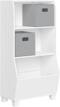 RiverRidge Kids Bookshelf with Veggie Storage and 2 Open Shelves and 2 Gray Fabric Bins - Kids Storage Organizer, Toy Shelf & Book Shelf with Deep Veggie Bin and Top Toy Display Area
