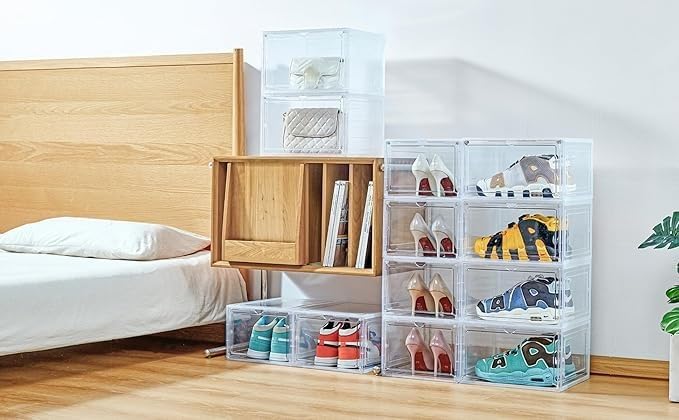 ZLLZUU Shoe Shoe Storage Boxes, 6 Pack Stackable Shoes Organizer Clear | Clear Drop Front, Dustproof Visible Magnetic Door, Stackable, Fits Up to Men's Size 12 High-Top Sneakers, Easy to Assemble