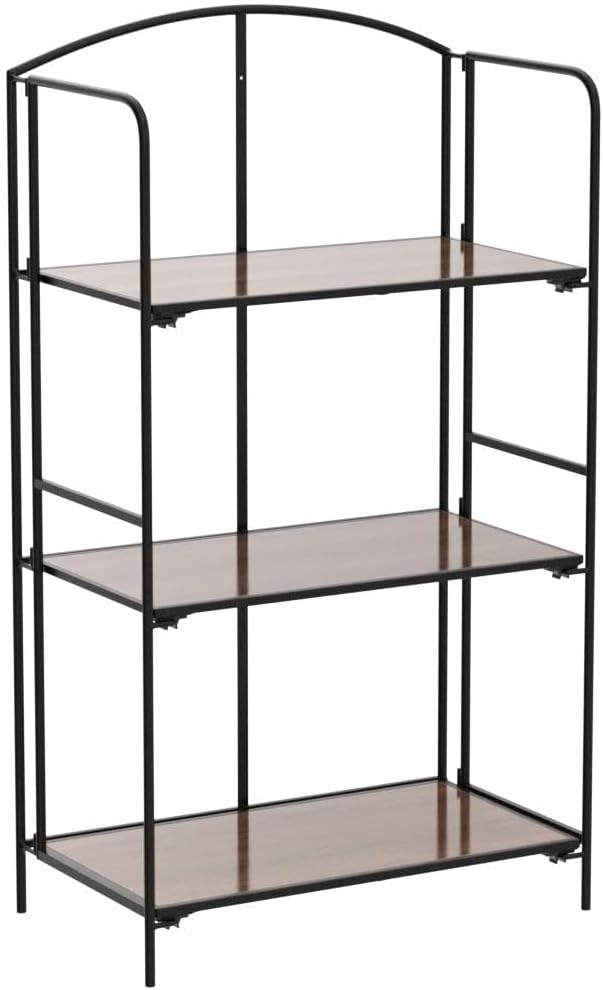 Crofy 3-Tier Foldable Bookshelf, Black Frame & Walnut Shelves | No-Assembly Collapsible Portable Storage Organizer; Sturdy Walnut Finish Shelves; Ideal for Living Room & Home Office