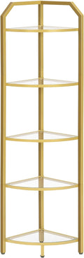 HOOBRO 5-Tier Corner Shelf Stand, Gold Corner Bookshelf, Tempered Glass Shelves, Bathroom Organizer, Corner Plant Stand, for Living Room, Study, Balcony, Home Office, Modern Style, Gold GD15CJ01