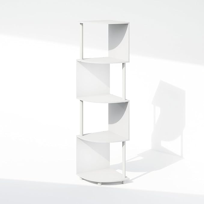 Furinno Basic Book Shelf, 4-Tier Bookshelf, Bookcase with Zigzag Corner Shelf, 14.2 x 14.2 x 57.7, for Living Room, Bedroom, Home Office, White/White