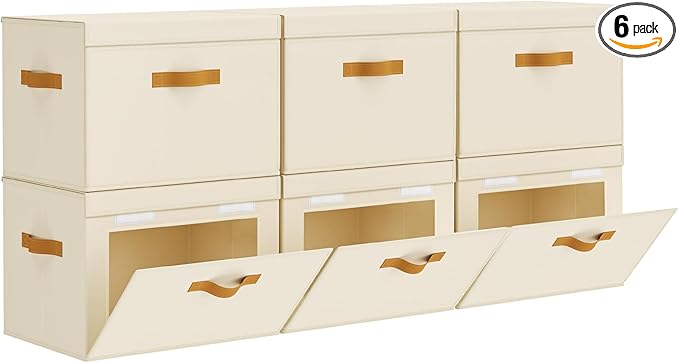 Homsorout Large Storage Bins with Lids - Front Opening Fabric Storage Bins, Flap Closet Organizer with Handles, Collapsible Boxes with Lid, Decorative Basket for Home, Dorm, 6 Pack, Beige