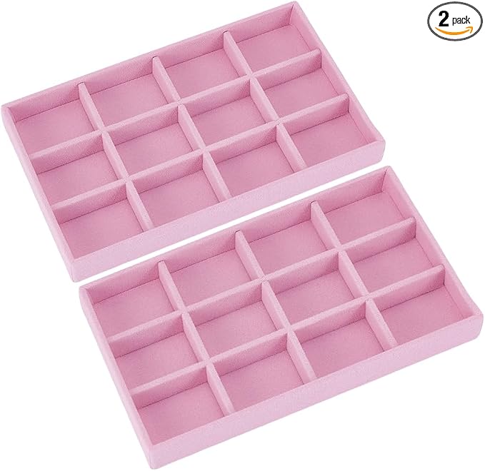 2Pcs Velvet Jewelry Drawer Organizer Trays Stackable Velvet Jewelry Organizer Bulk Pink 12 Girds Stylish Drawer Inserts for Ring Earring Holder Necklace Bracelet Storage Display Women Adults