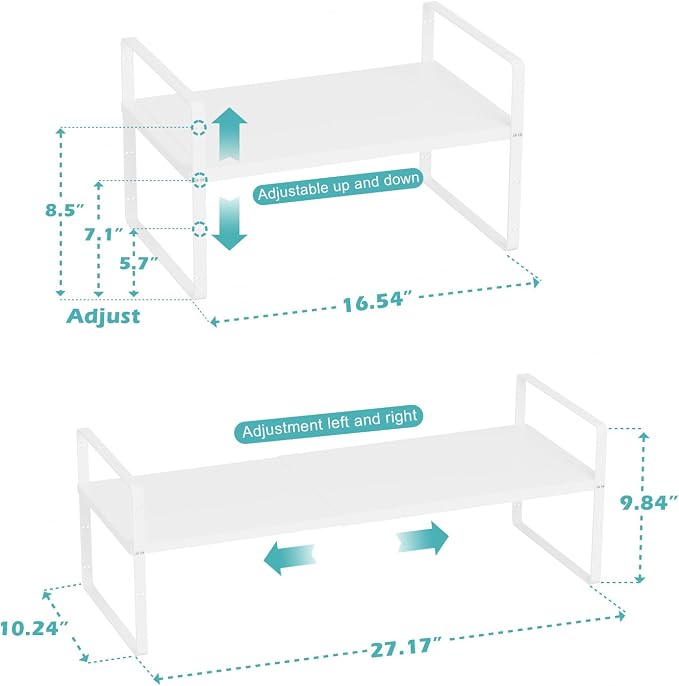 Cabinet Organizer Shelf,Expandable Cabinet Space Rack,Stackable Shelves Adjustable Storage Shelf,Riser for Kitchen Pantry Office,10.24" D,White
