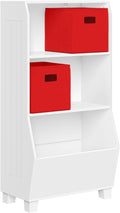 RiverRidge Kids Bookshelf with Veggie Storage and 2 Open Shelves and 2 Red Fabric Bins - Kids Storage Organizer, Toy Shelf & Book Shelf with Deep Veggie Bin and Top Toy Display Area
