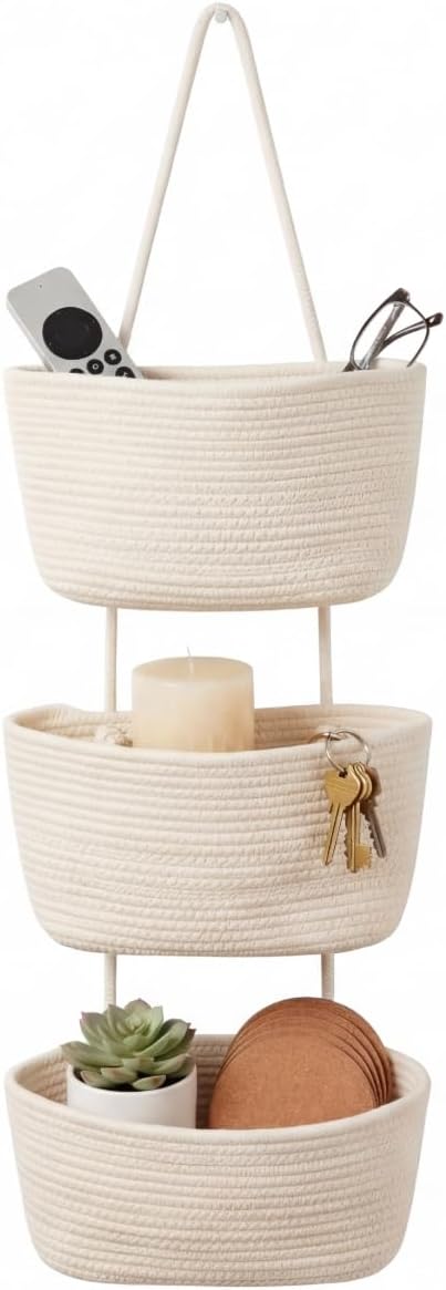 Over the Door Basket Organizer, 3 Tier Hanging Basket with Hooks | Woven Cotton Hanging Over Door Basket for Bedroom, Nursery, Bathroom, Apartment, White Hanging Storage Basket for Organizing