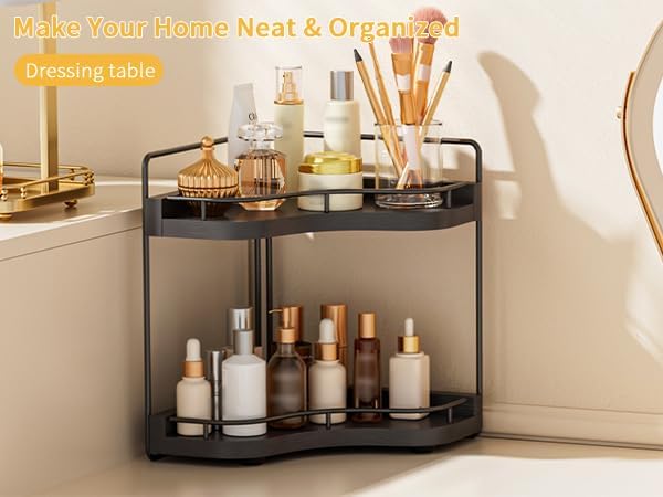 2-Tier Corner Bathroom Counter Organizer for Storage, Black | Larger Size, Solid Wood, Embedded Screw Holes, sink and Vanity Countertop Organizer for Perfume, Skincare & Makeup Storage