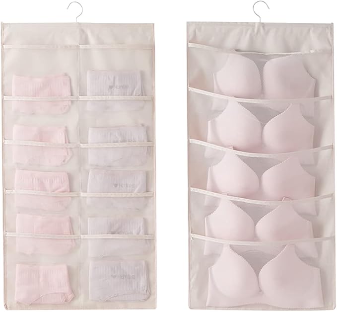 Bseash Enlarged Closet Hanging Bra Organizer with Rotating Metal Hanger, Dual Sided Wall Shelf Wardrobe Mesh Pockets Hanging Storage Bag for Bra Socks Underwear Underpants