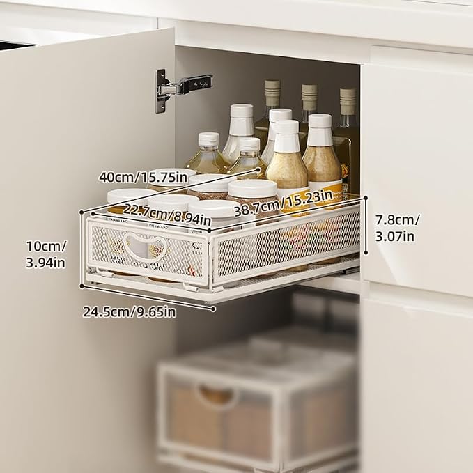 Pull out Cabinet Organizer Fixed with Adhesive Nano Film Heavy Duty Slide out Pantry Shelves Drawer Storage under sink organizer Sliding Mesh Cabinet Basket with Handle for Kitchen (Extended Small)