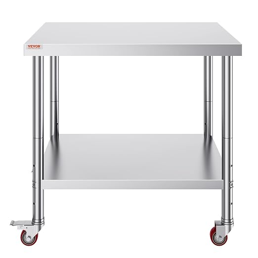 Vevor 30x36x34 Inch Stainless Steel Work Table 3-Stage Adjustable Shelf with 4 Wheels Heavy Duty Commercial Food Prep Worktable with Brake for Kitchen Prep Work