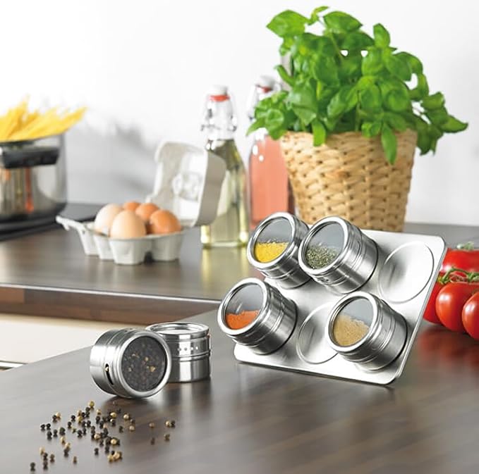 Stainless Steel Magnetic Spice and Condiment Organizer Kit – 6-Piece 75ml (2.5 oz) Seasoning Jars with Adjustable Pour Vents, Leak-Proof Magnetic Holder for Kitchen Countertops or Refrigerator Storage