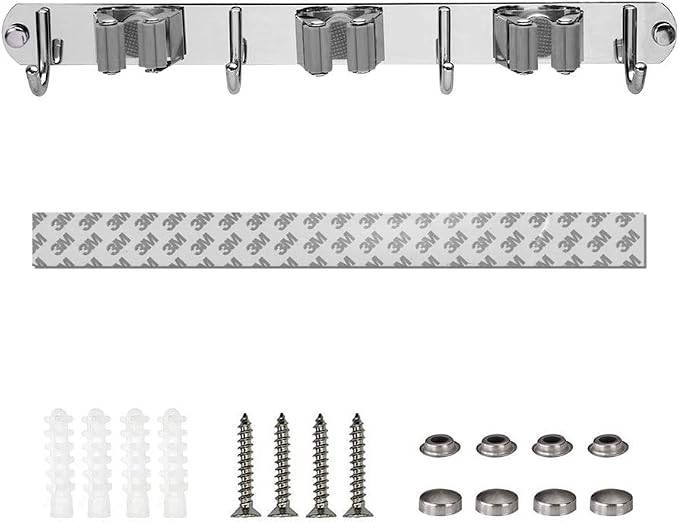 Broom Closet Organizer Wall Mounted, Fyrcomft Heavy Duty Stainless Easy Install Broom Mop Holder with 3 Racks 4 Hooks (Grey)
