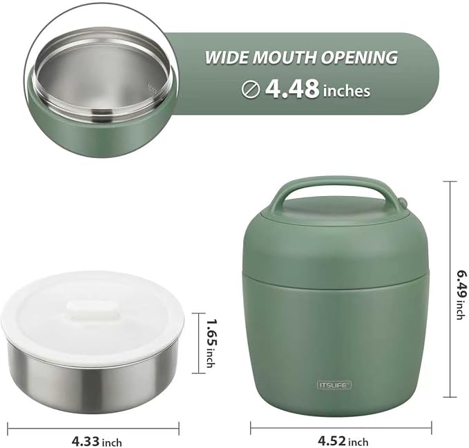 Thermo Food Jar for Hot Food Adults 32OZ Soup Thermo Lunch Containers Wide Mouth Vacuum Insulated Stainless Steel Leakproof Bento Box with Spoon (NEW-GREEN)