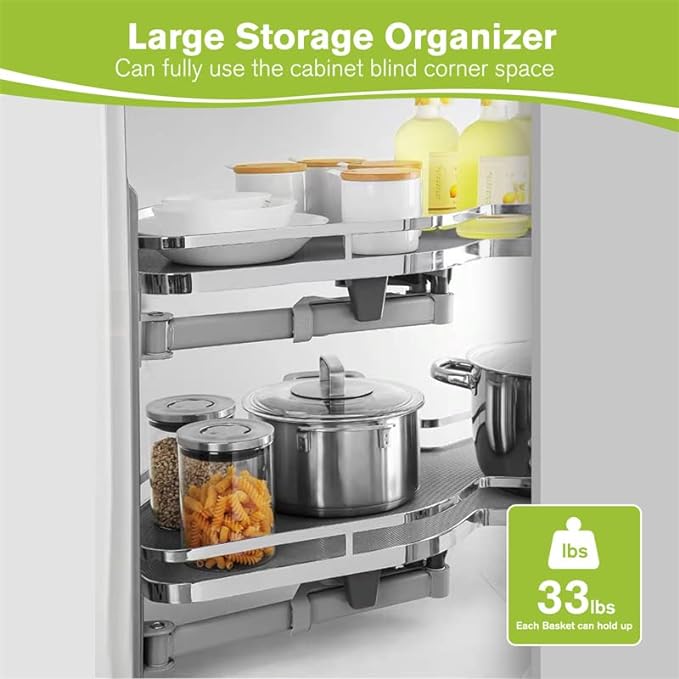 Blind Corner Cabinet Pull Out Organizer, Soft Close Swing Left Pull Out Cabinet Organizer 36inch, Corner Cabinet Lazy Susan for Corner Cabinet Blind Shelf, 2 Tiers Tray, Adjustable Height