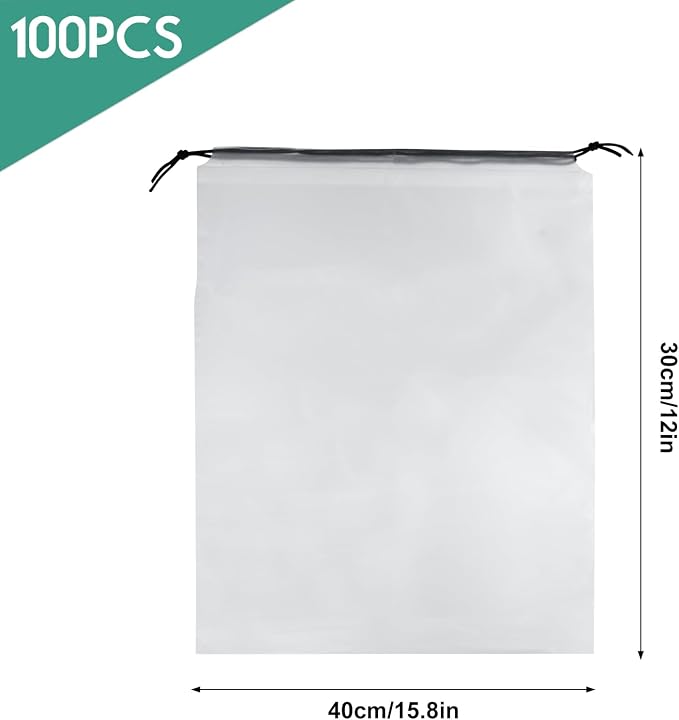100Pcs Shoe Bags for Travel，PLULON 15.7" x 11.8" Clear Drawstring Storage Plastic Bags Shoes Organizer for Packing Waterproof Dustproof Women Men Portable Travel Essentials